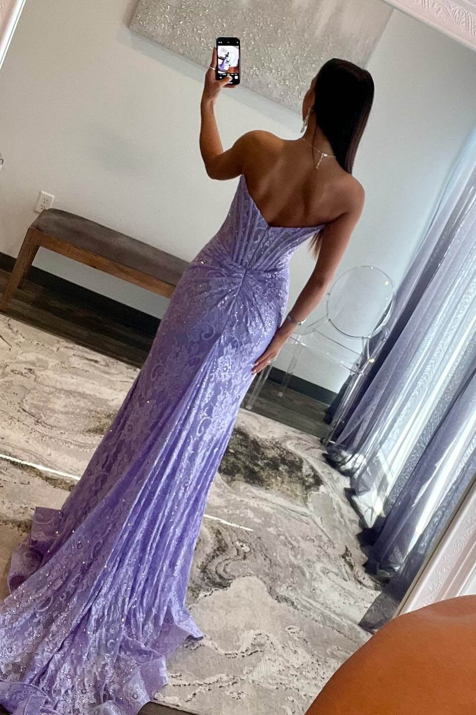 Lavender Strapless Lace Ruched Mermaid Long Prom Dress with Slit,DP1322