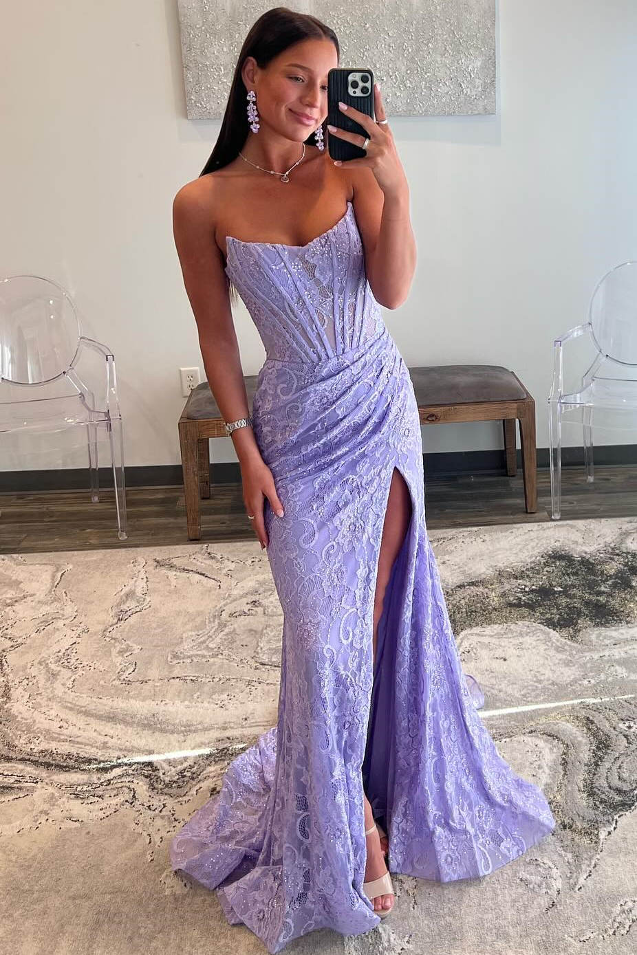 Lavender Strapless Lace Ruched Mermaid Long Prom Dress with Slit,DP1322