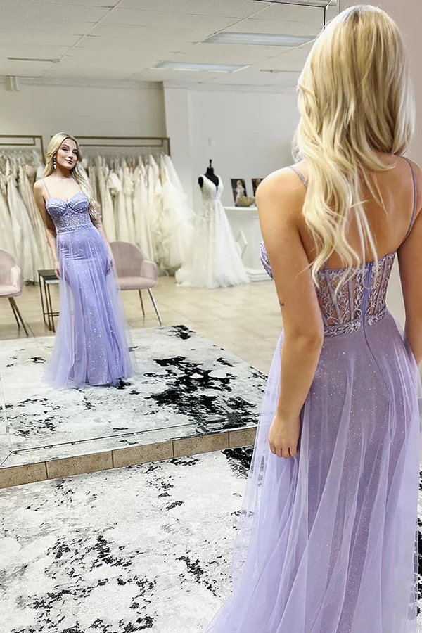 Lila Spaghettiträger Korsett Tüll Meerjungfrau Langes Ballkleid,DP1338