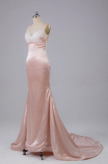 Pearl Pink Open Back Sweep Train Prom Dress with Lace Appliques,DP1342
