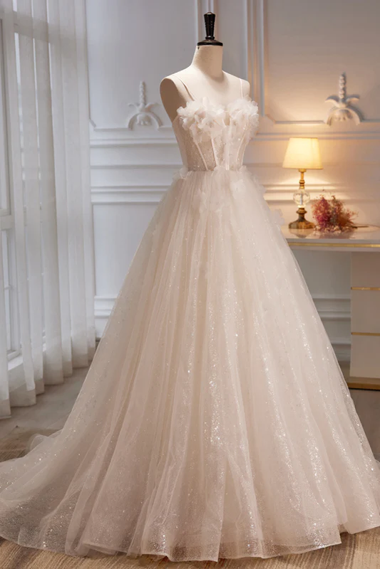 Robe de bal longue en tulle à bretelles spaghetti brillantes et appliques, DP1352