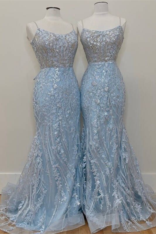 Light Blue Straps Tulle Sequins Mermaid Long Prom Dress,DP1360