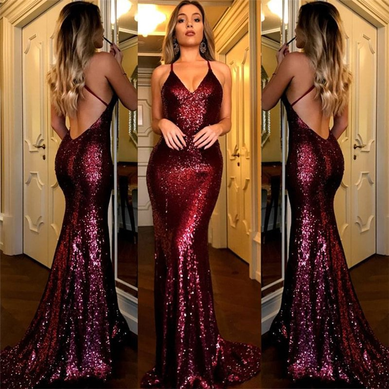 Robe de soirée sirène longue dos nu à paillettes bordeaux, DP1364