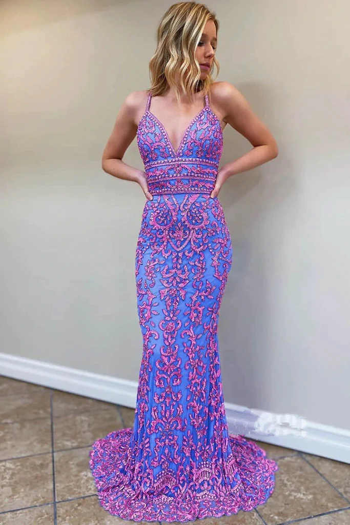 Lila V-Ausschnitt Applikationen Träger Meerjungfrau Langes Ballkleid Formales Abendkleid,DP1370
