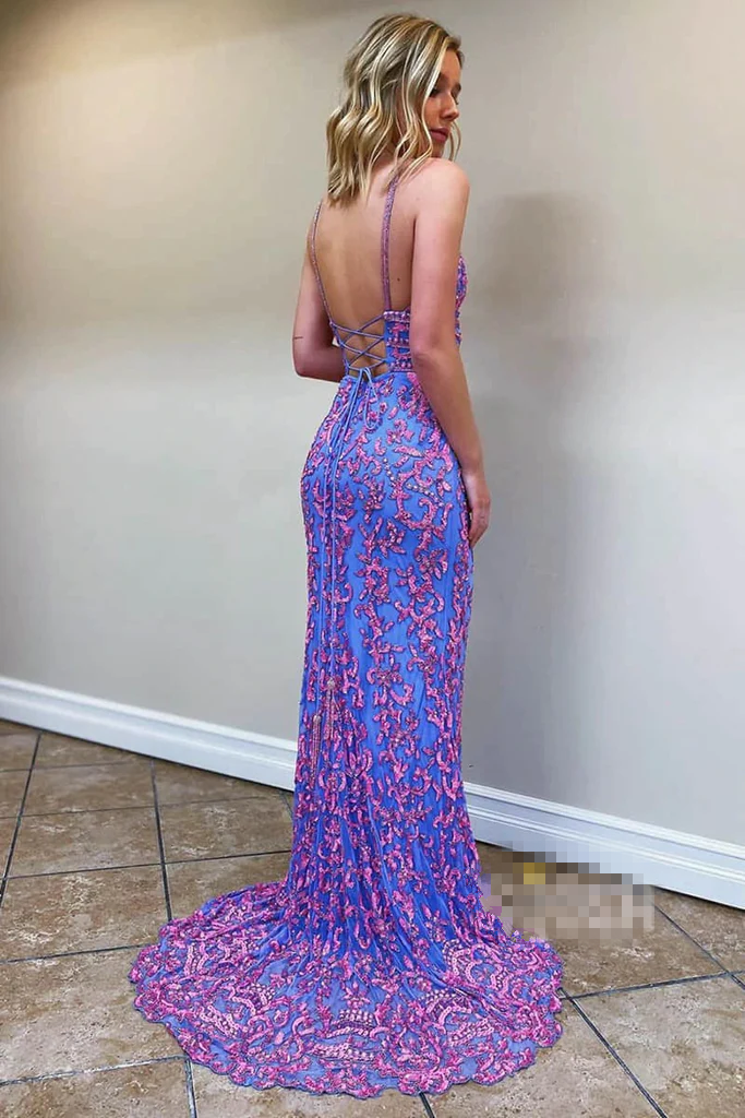 Lila V-Ausschnitt Applikationen Träger Meerjungfrau Langes Ballkleid Formales Abendkleid,DP1370