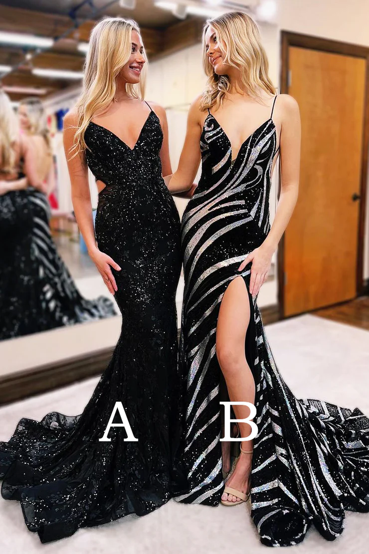 Schwarzes rückenfreies Meerjungfrau-Abendkleid mit V-Ausschnitt und Pailletten, DP1379
