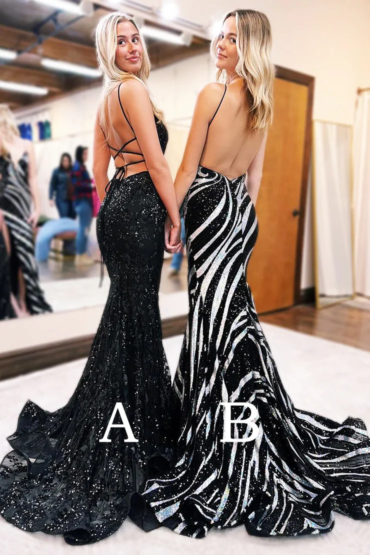 Schwarzes rückenfreies Meerjungfrau-Abendkleid mit V-Ausschnitt und Pailletten, DP1379