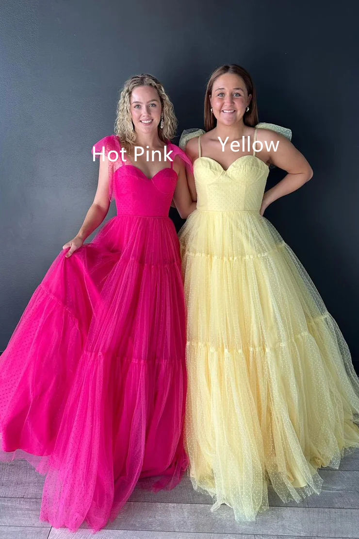 Robe de bal longue rose vif en tulle à pois et décolleté en cœur, DP1388