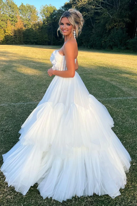 Robe de bal longue en tulle blanc coupe trapèze, robe de mariée simple, DP1389