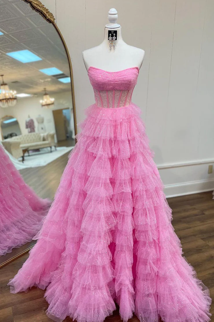 Cute Sequin Tiered Tulle Strapless Corset Prom Dress Evening Dress Ball Gown DP1392
