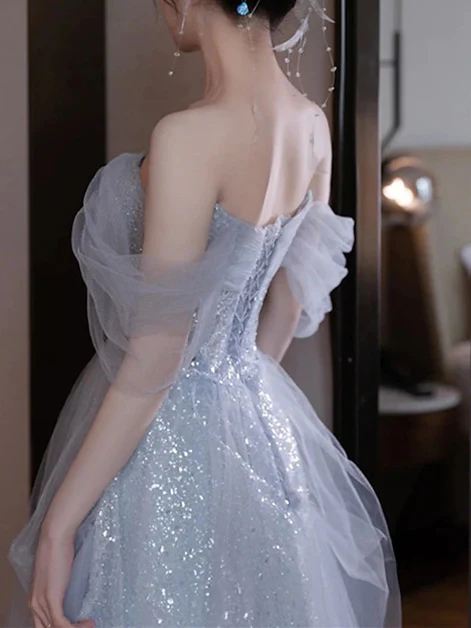 Robe de soirée longue en tulle brillant, coupe trapèze, épaules dénudées, DP1398