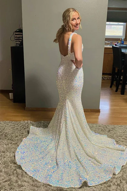 Robe de bal longue sirène ivoire à une épaule et sequins avec fente, DP1404