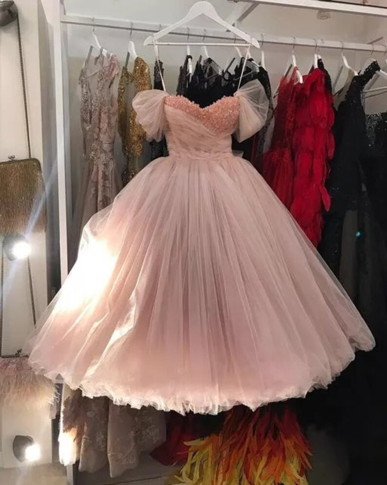 Pink A-Line Off the Shoulder Beaded Tulle Prom Dress Evening Gown,DP1408