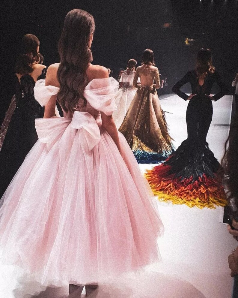 Pink A-Line Off the Shoulder Beaded Tulle Prom Dress Evening Gown,DP1408