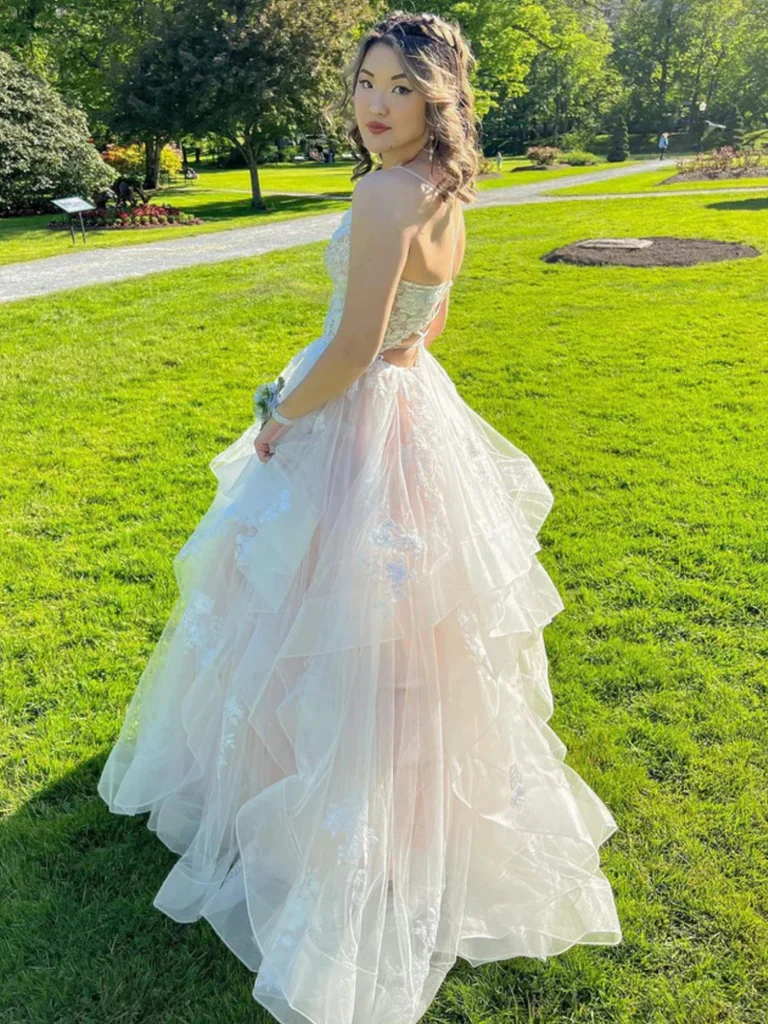 Princess A-Line V Neck Lace Appliques Long Prom Dress Evening Gown,DP1411