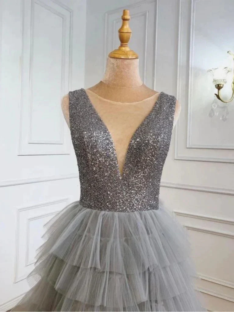 Gray A-Line Tulle Layered Sequins Long Prom Dress Evening Gown,DP1417