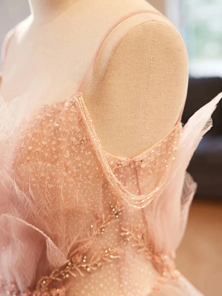 Gorgeous V Neck Beaded Tulle Layered Long Prom Dress Evening Gown,DP1419