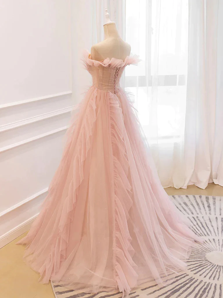 Pink Elegant Off The Shoulder A-Line Tulle Long Prom Dress,DP1424