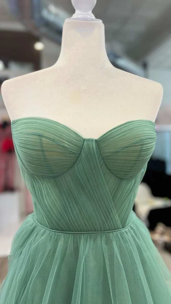 Green A-Line Sweetheart Tulle Flower Long Prom Dress Evening Gown,DP1425