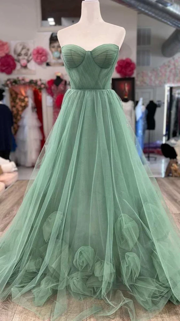 Green A-Line Sweetheart Tulle Flower Long Prom Dress Evening Gown,DP1425