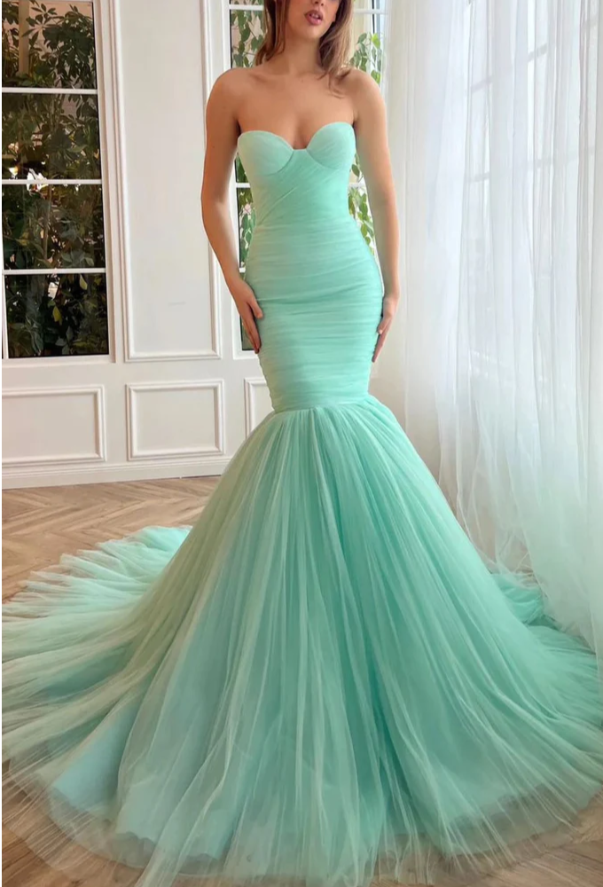Mintgrünes, langes Abendkleid im Meerjungfrauen-Stil aus Tüll mit Herzausschnitt, DP1429