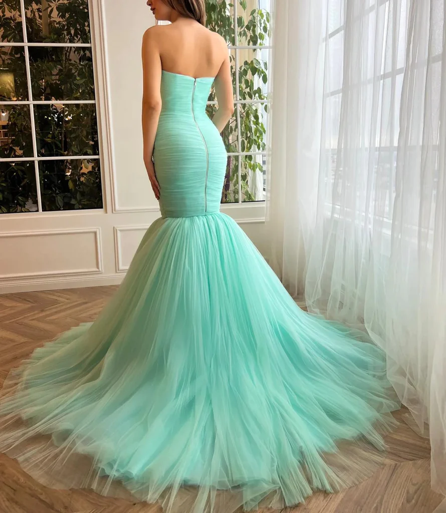 Mintgrünes, langes Abendkleid im Meerjungfrauen-Stil aus Tüll mit Herzausschnitt, DP1429