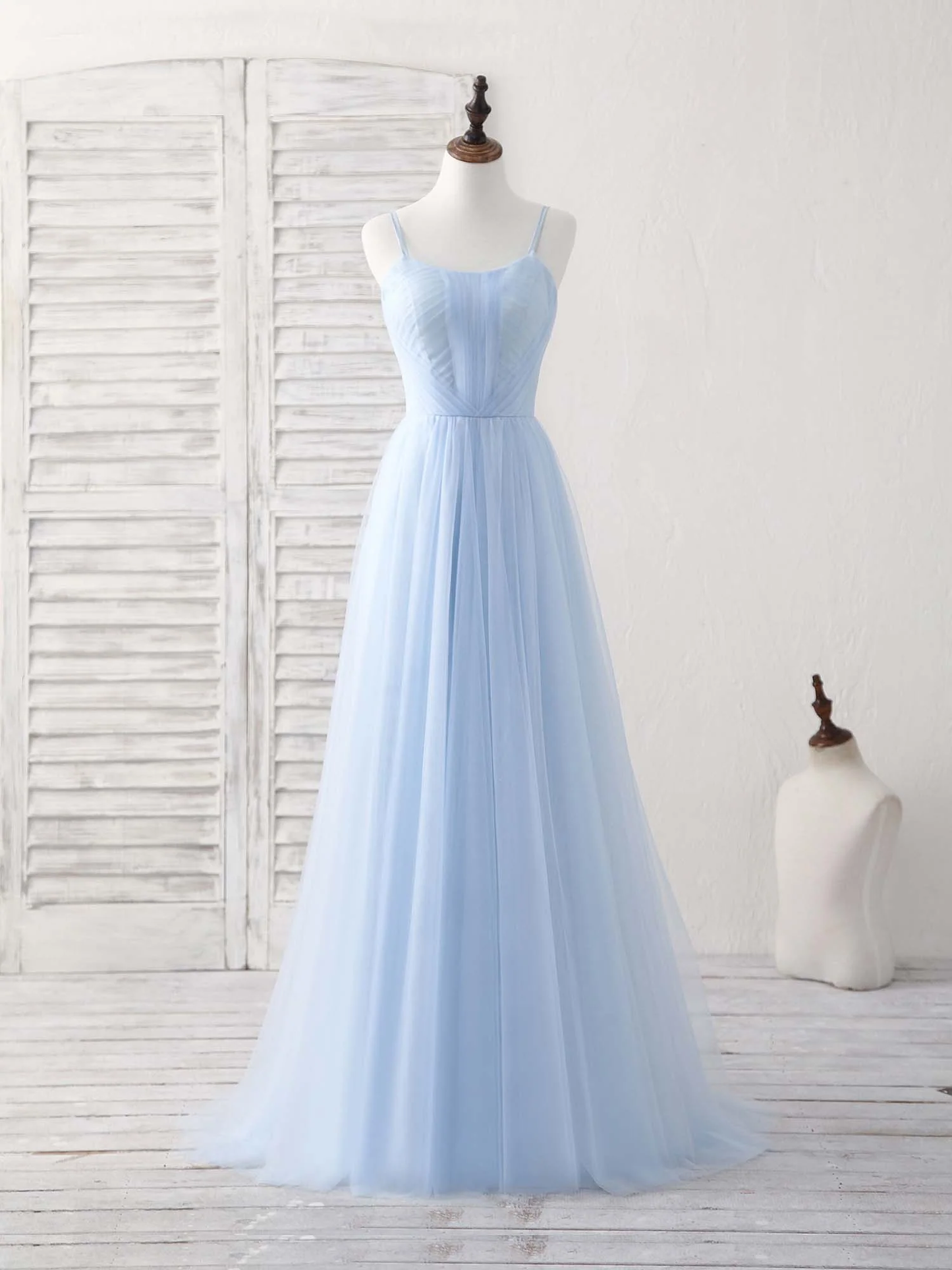 Hellblaues A-Linien-Partykleid aus Tüll für formelle Anlässe, Brautjungfernkleid, DP1442