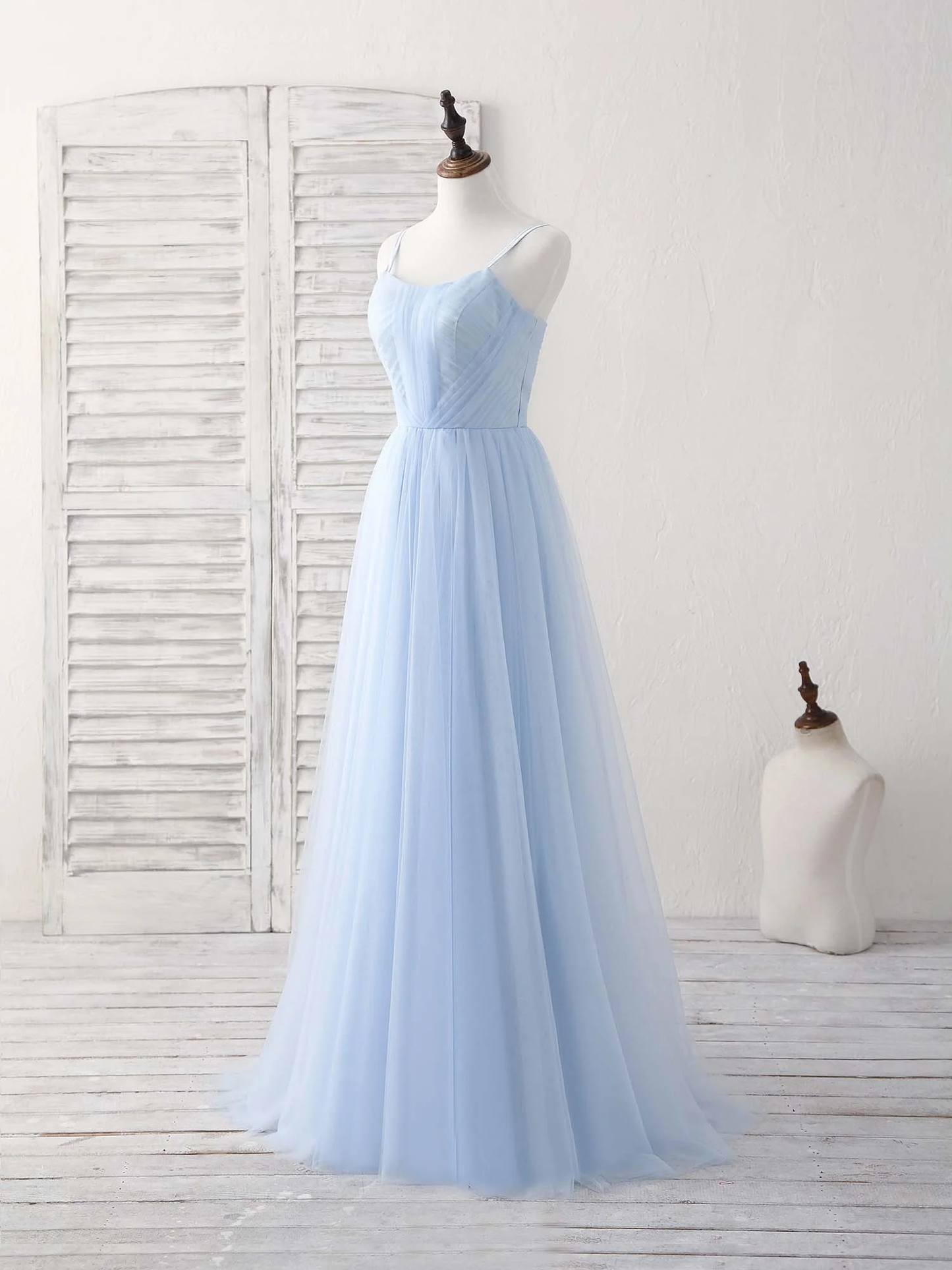 Hellblaues A-Linien-Partykleid aus Tüll für formelle Anlässe, Brautjungfernkleid, DP1442