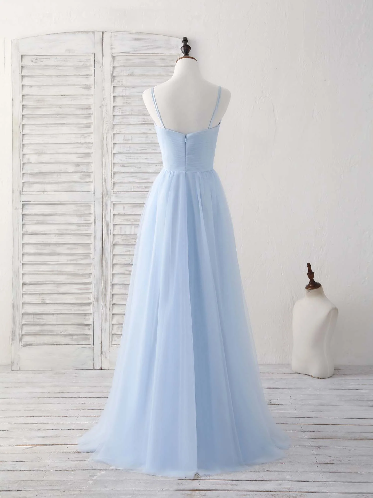 Hellblaues A-Linien-Partykleid aus Tüll für formelle Anlässe, Brautjungfernkleid, DP1442
