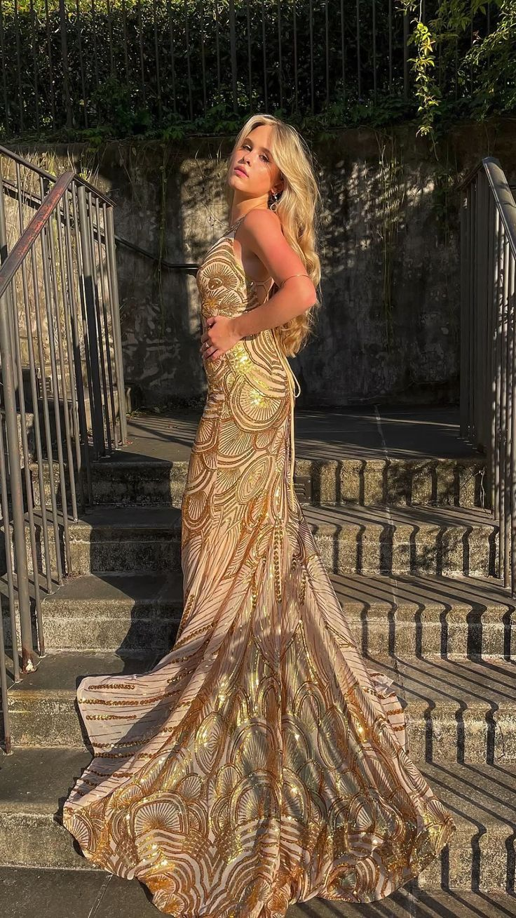 Gorgeous Gold V Neck Sequin Mermaid Long Prom Dress,DP1447