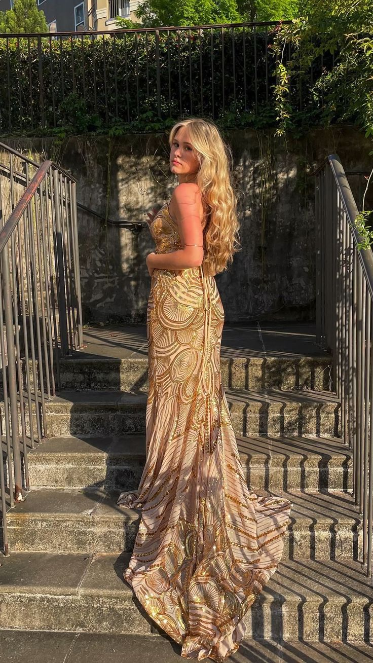 Gorgeous Gold V Neck Sequin Mermaid Long Prom Dress,DP1447