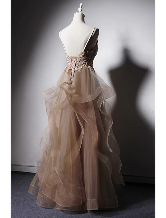 A-Linien-Partykleid mit Spaghettiträgern, Applikationen, Tüll und Perlenbesatz, DP1460