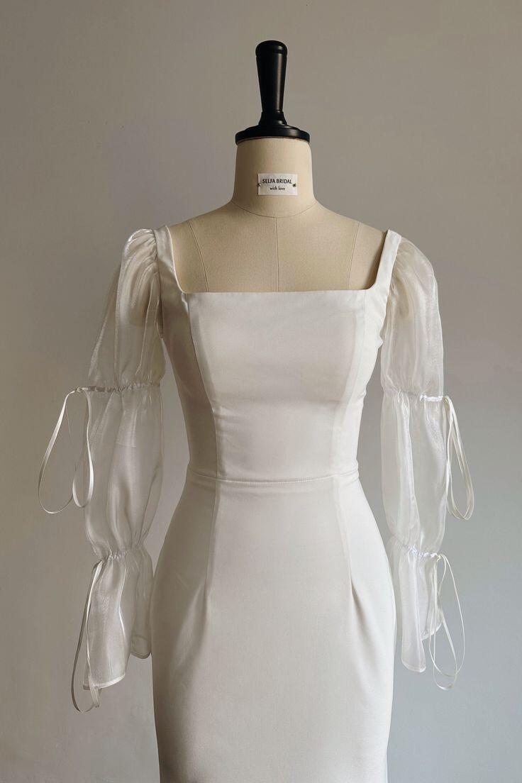 Robe de bal sirène blanche à col carré et manches longues, robe de mariée légère, DP1477