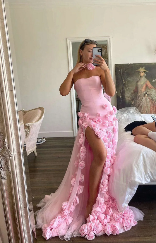 Elegant Pink Strapless 3D Flowers Tulle Mermaid Long Prom Dress with Slit DP1479