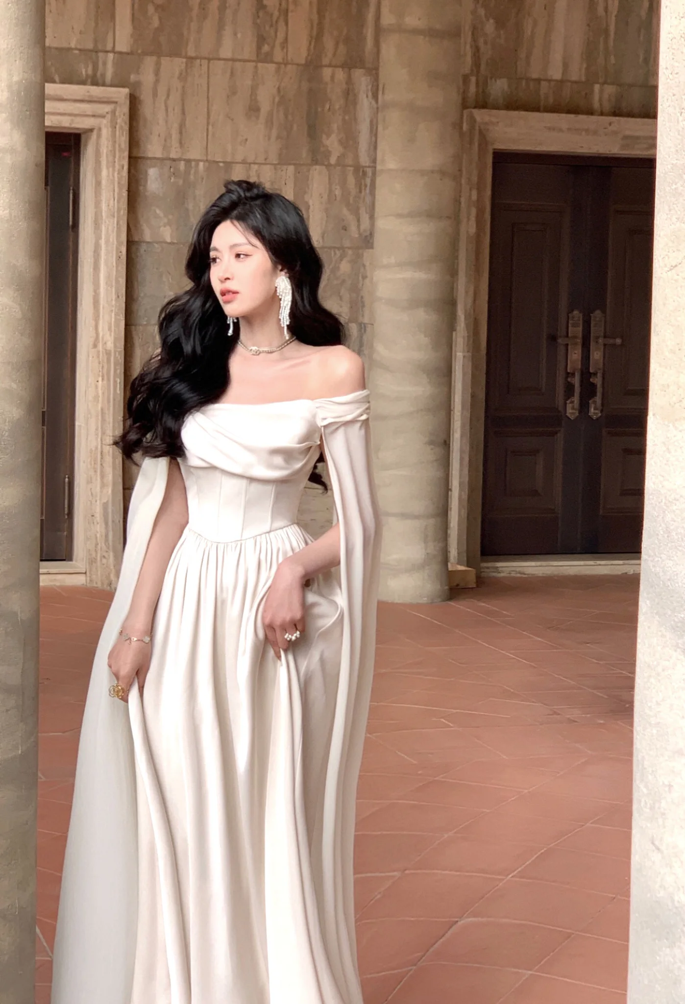 Ivory Off Shoulder A-Line Long Prom Dress Elegant Party Dress,DP1486