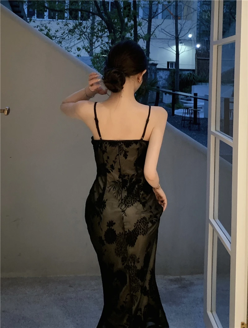 Sexy Schwarzes Spaghettiträger Spitzen Tee Länge Charmantes Partykleid,DP1488