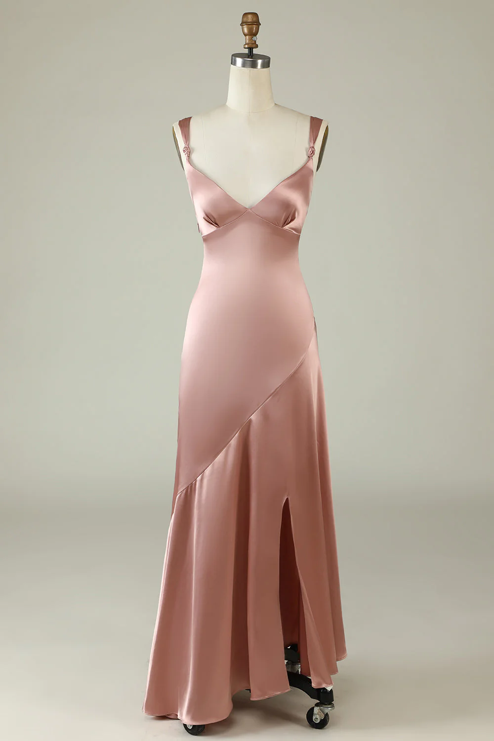 Rosa Satin Langes Ballkleid mit V-Ausschnitt und Trägern, DP1504