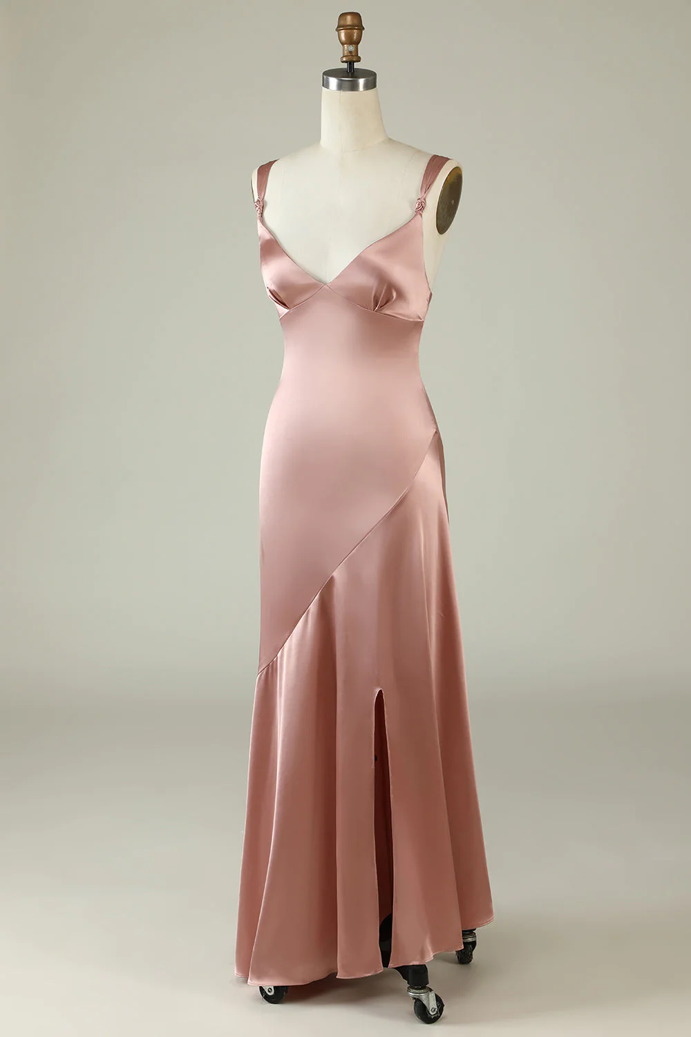 Rosa Satin Langes Ballkleid mit V-Ausschnitt und Trägern, DP1504