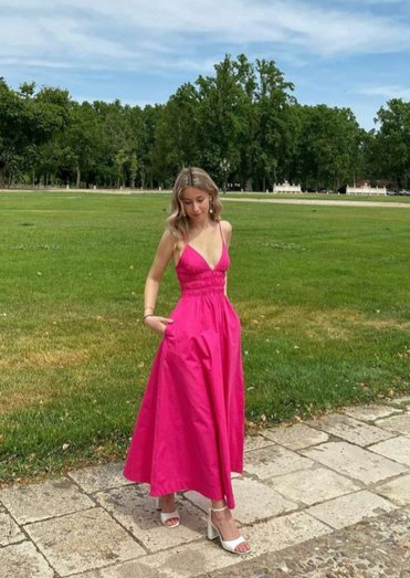 Hot Pink A-Line V Neck Spaghetti Straps Long Party Dress,DP1505