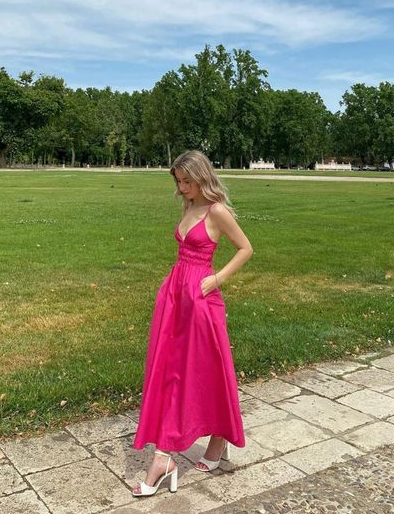 Hot Pink A-Line V Neck Spaghetti Straps Long Party Dress,DP1505