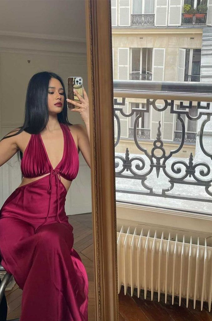 Fuchsia Neckholder Rückenfreies Hochzeitsgastkleid Partykleid,DP1513