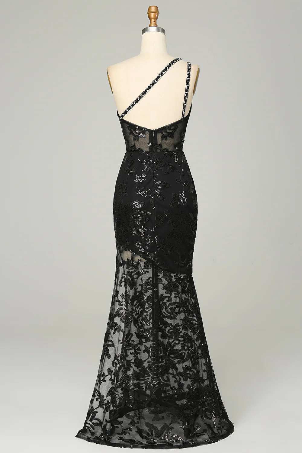 Robe de bal longue noire asymétrique en dentelle à paillettes et dos nu, DP1521