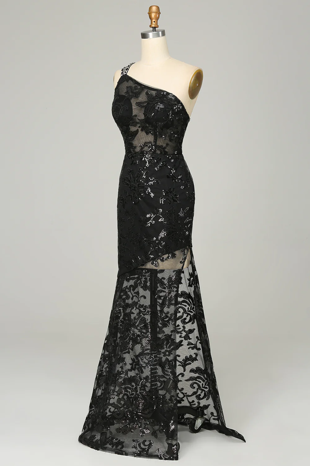 Robe de bal longue noire asymétrique en dentelle à paillettes et dos nu, DP1521