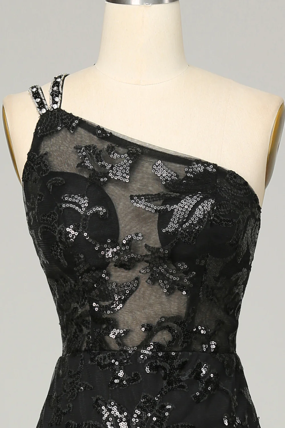 Robe de bal longue noire asymétrique en dentelle à paillettes et dos nu, DP1521