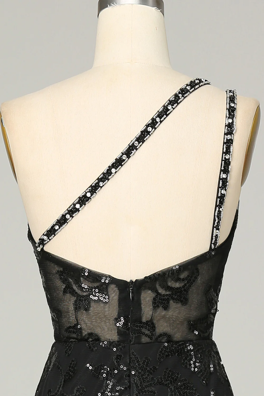 Robe de bal longue noire asymétrique en dentelle à paillettes et dos nu, DP1521