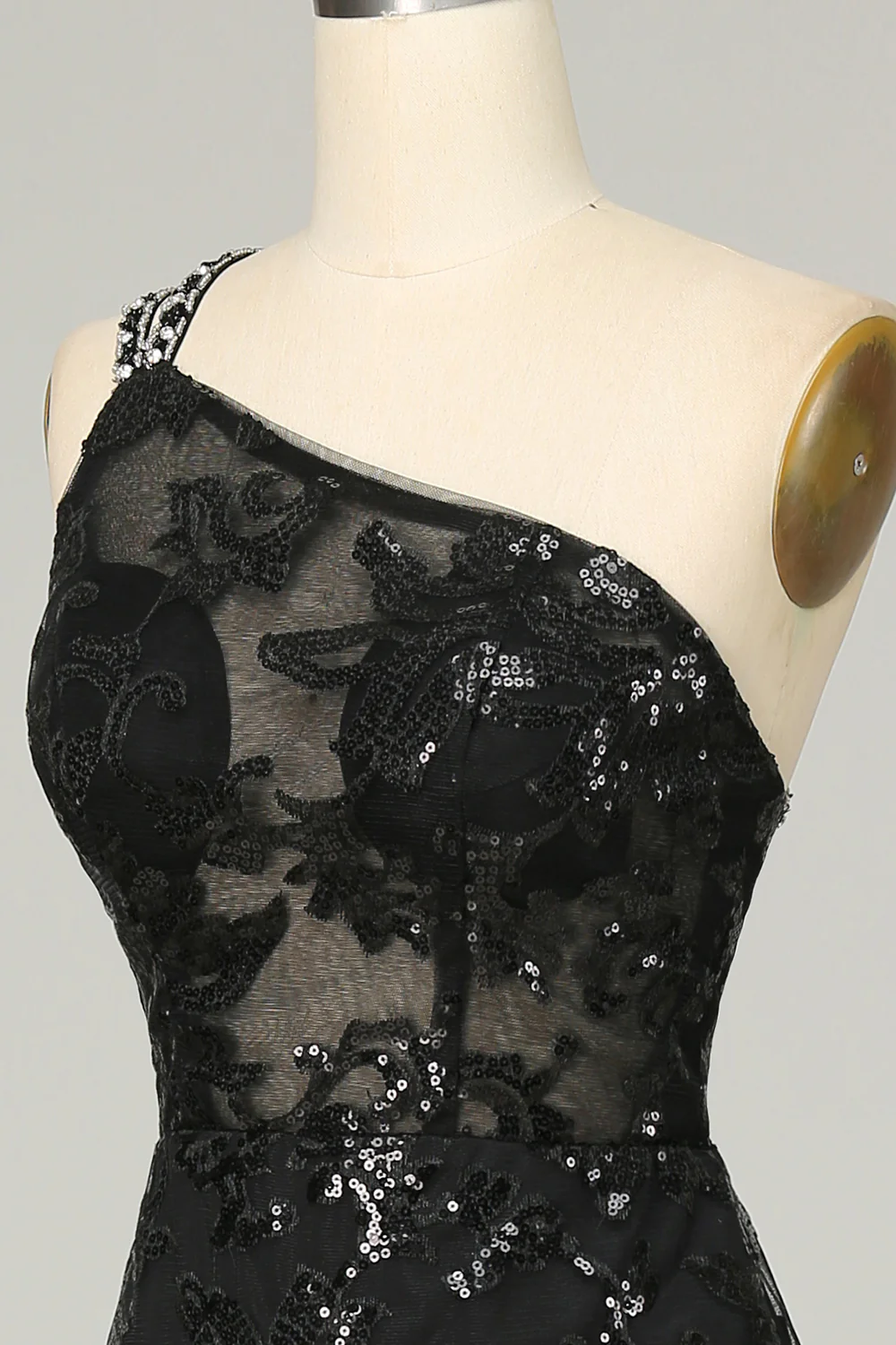 Robe de bal longue noire asymétrique en dentelle à paillettes et dos nu, DP1521