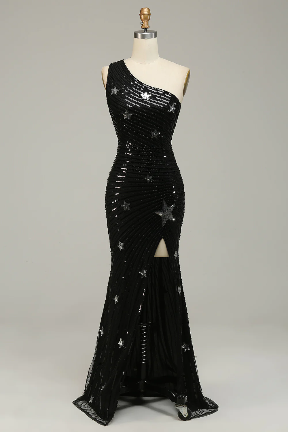 Robe de bal longue noire asymétrique à paillettes et étoiles, DP1524
