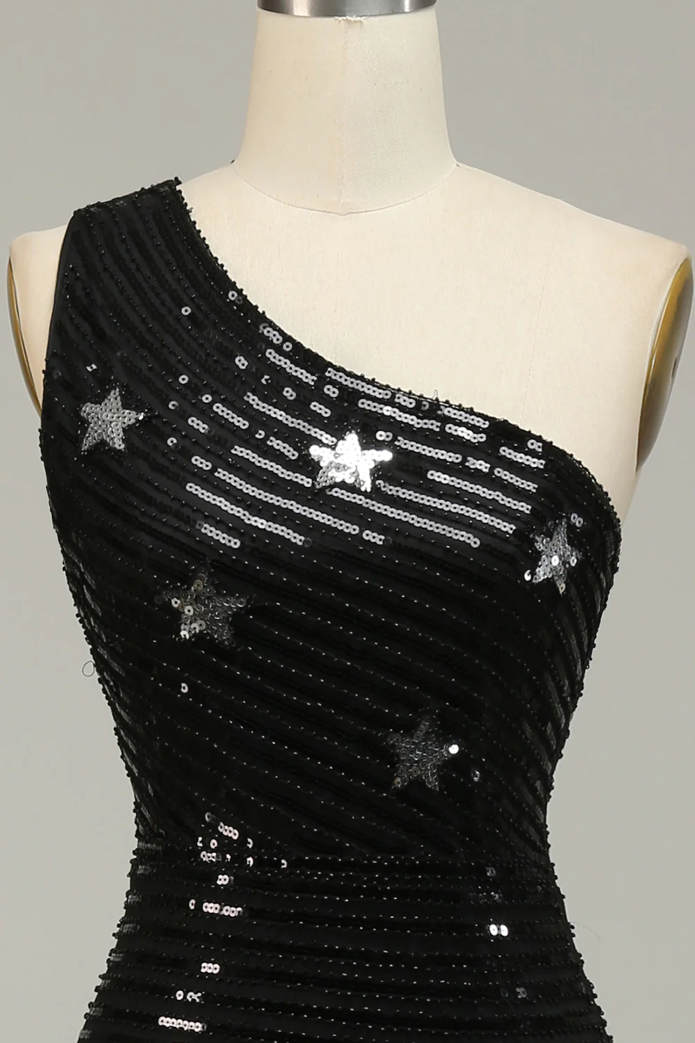 Robe de bal longue noire asymétrique à paillettes et étoiles, DP1524