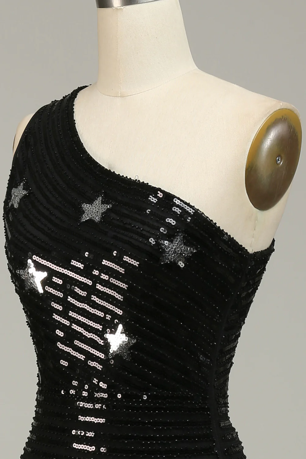 Robe de bal longue noire asymétrique à paillettes et étoiles, DP1524