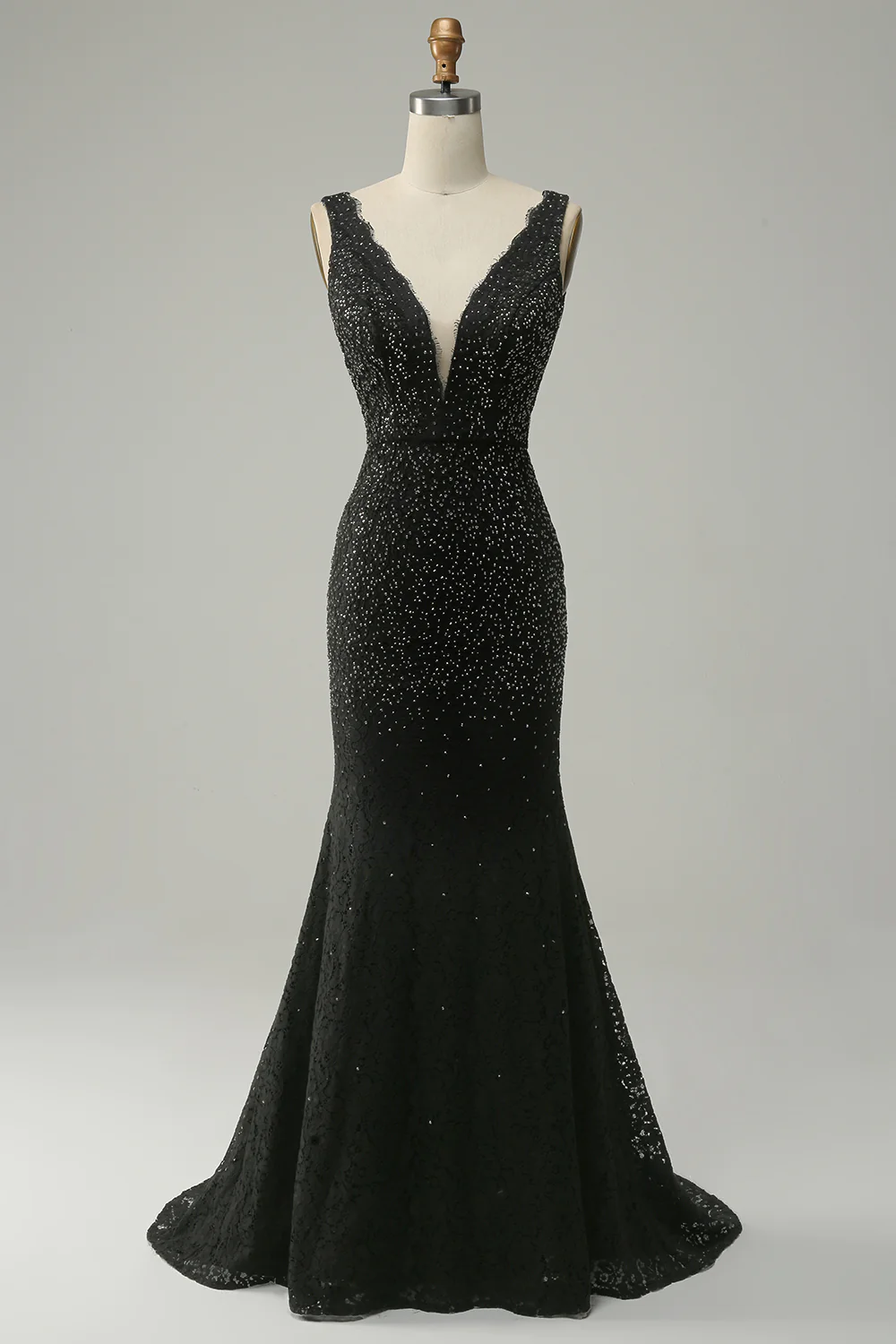 Schwarzes langes Meerjungfrau-Ballkleid mit tiefem V-Ausschnitt und Perlenbesatz, DP1526